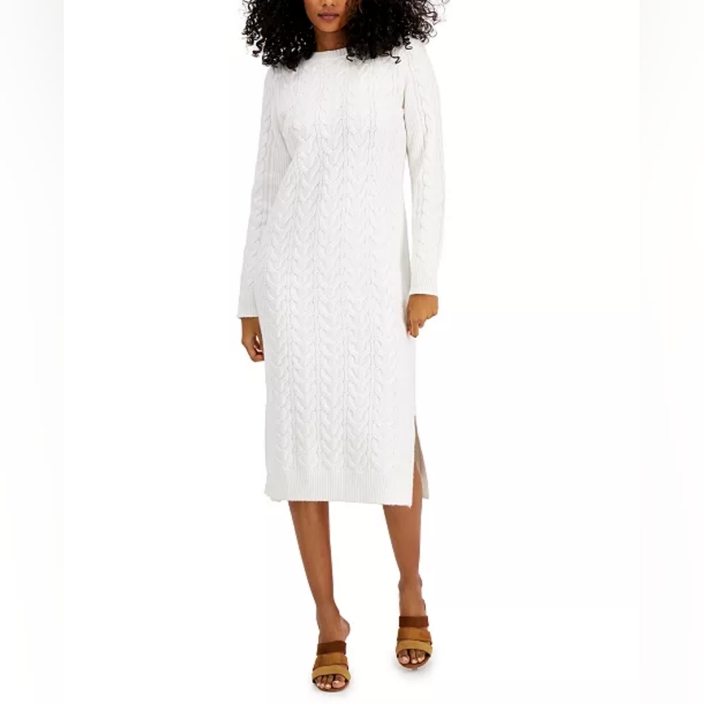 Women's Classic Cable Knit Long Sleeve Sweater Dress White Medium